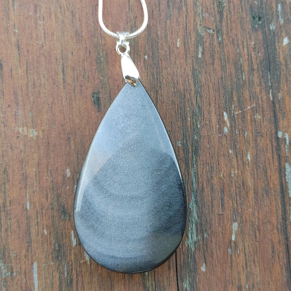 Large Black Obsidion Gemstone Pendant (2.5") -  w/ 925 Silver Overlay Chain - Picture 14 of 14